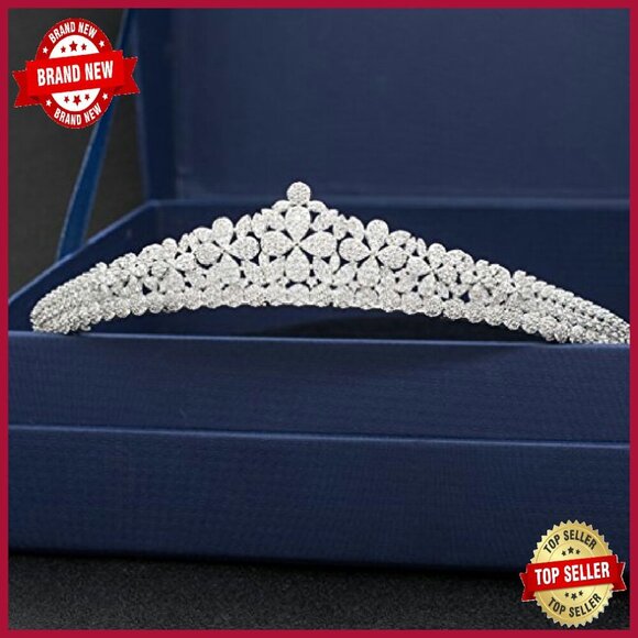 Platinum Plated Copper Wedding Tiara Crown with CZ Flowers - Picture 6 of 8